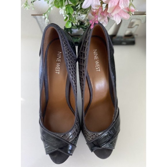 Nine West High Heels 3 Tone Faux Alligator Skin Open Toe 8.5 M Platform Sexy EUC - Picture 3 of 16